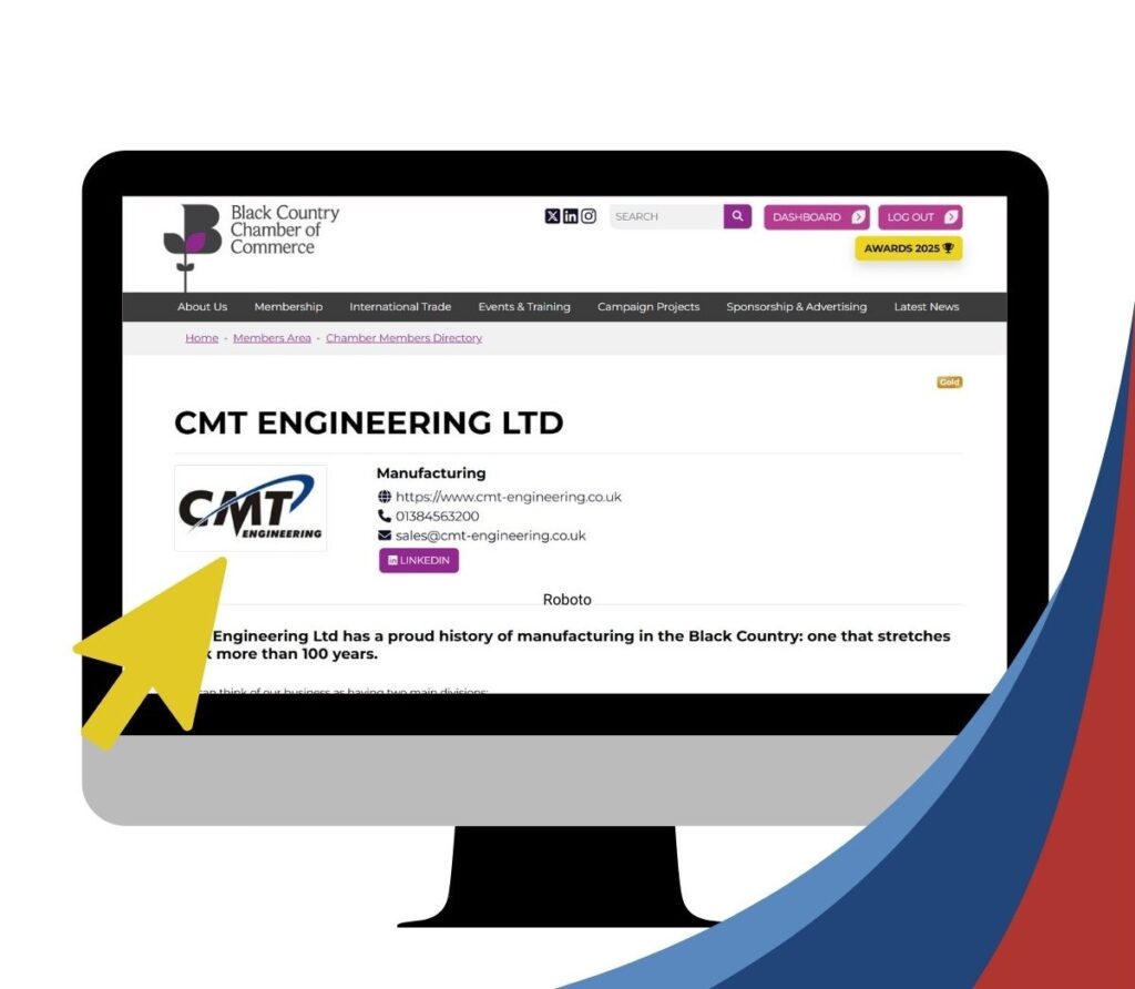 Computer monitor doodle showing CMT Engineering's Black Country Chamber of Commerce member page